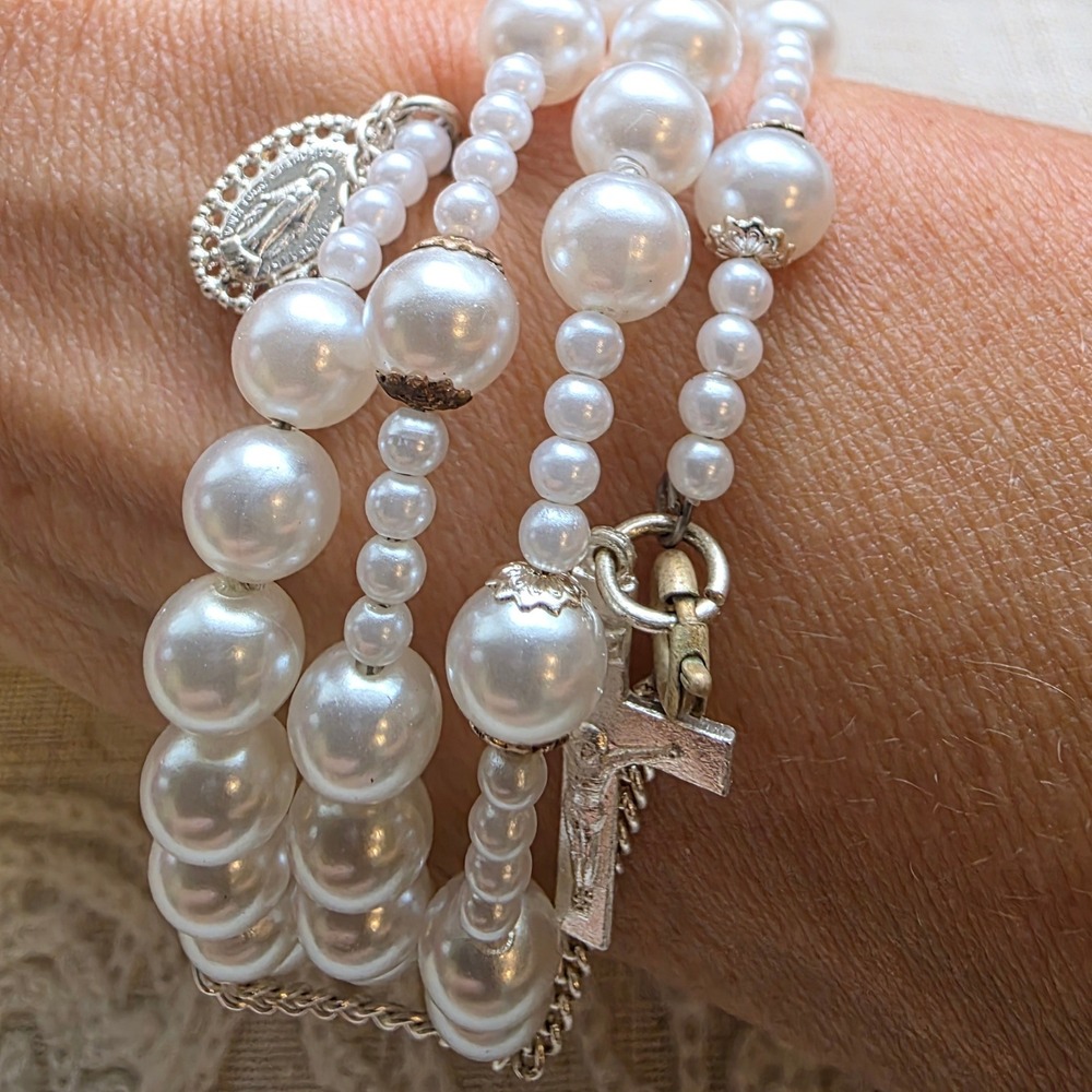 Rosary Adjustable Bracelet, White Faux Pearl Miraculous Medal Crucifix Charm